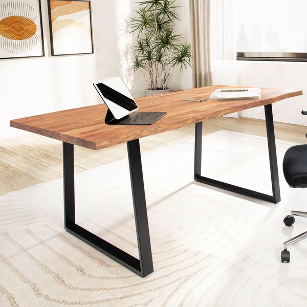 WOHNLING písací stôl 200x100x76 cm masívne drevo akácie / kov poítaový stôl s okrajom stromu Homeoffice kancelársky stôl masívny s trapézovými nohami v iernej farbe
