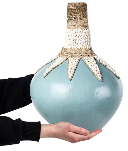 Dekoratívna váza modrá terakotová 43 cm ručne vyrobená rustikálny vzor boho dizajn bytové doplnky