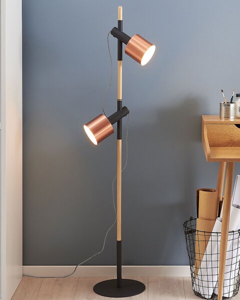 Stojaca lampa medený kov čierna svetlé drevo 125 cm nastaviteľné kovové tienidlá moderný štýl obývačka spálňa