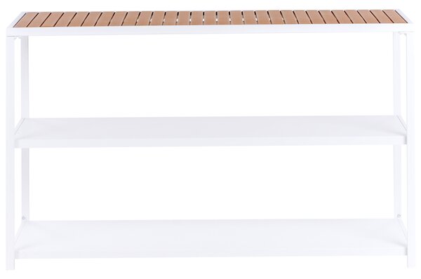 Vonkajší kuchynský regál biely kovový podstavec drevená vrchná doska 150 x 50 x 90 cm 2 police moderný štýl exteriér