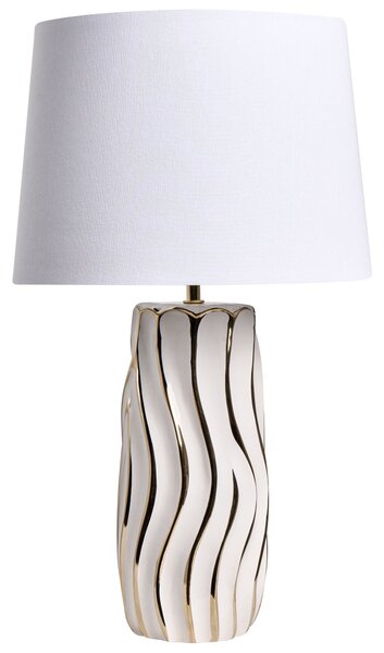 Stolná lampa biela keramický podstavec ľanové tienidlo elegantný moderný glamour štýl obývacia izba spálňa