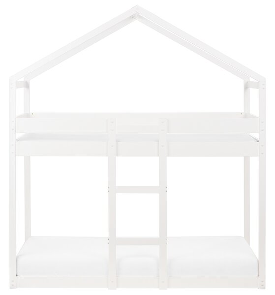 Detská drevená poschodová posteľ v tvare domčeka biela 90 x 200 cm borovicové drevo s rebríkom
