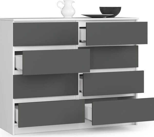 BDW, komoda s 8 zásuvkami, 120x99x40 cm, veľa úložného priestoru, bielo - sivá