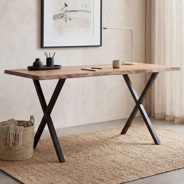 FineBuy Písací stôl 140 cm z masívneho akátového dreva / kovový počítačový stôl s prírodným okrajom dreva, stôl do domácej kancelárie, masívny stôl s nohami v tvare X, čierny drevený stôl, stôl na notebook