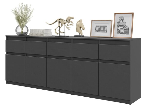 Komoda NOAH Antracit – Veľká Komoda do Spálne s 5 Zásuvkami a 5 Dvierkami, Set Komôd Š200 x V75 x H35 cm