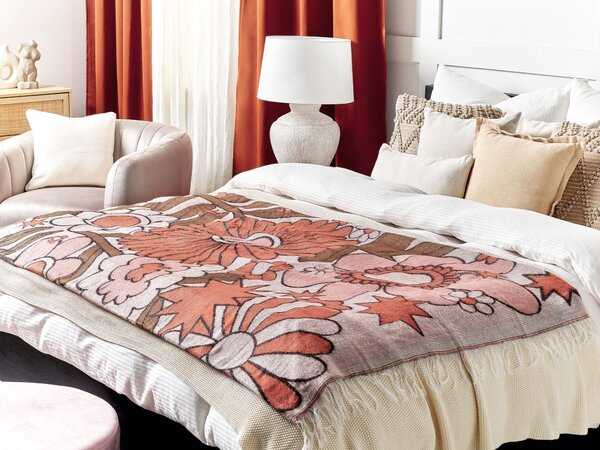 Deka viacfarebná hnedá béžová ružová polyester akryl 130 x 170 cm obdĺžnikový tvar kvetovaný vzor prikrývka so strapcami boho štýl doplnky