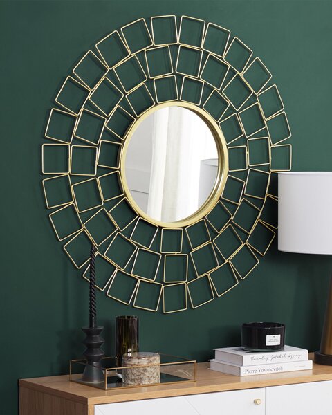Nástenné zrkadlo zlatá kov sklo ø 90 cm okrúhly tvar boho vintage glamour štýl dekorácie doplnky