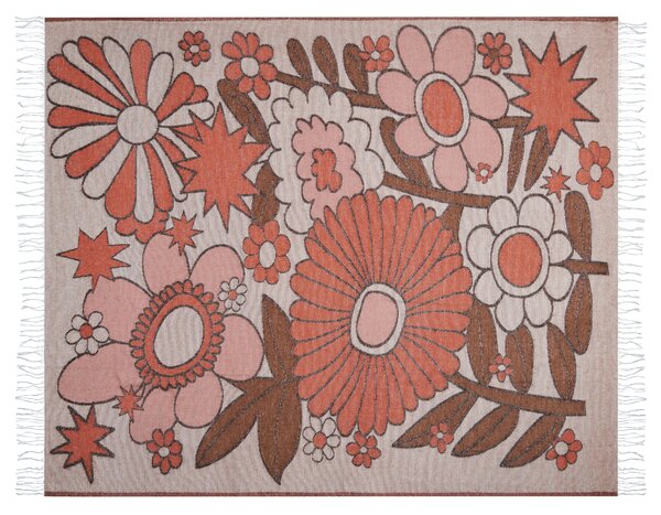 Deka viacfarebná hnedá béžová ružová polyester akryl 130 x 170 cm obdĺžnikový tvar kvetovaný vzor prikrývka so strapcami boho štýl doplnky