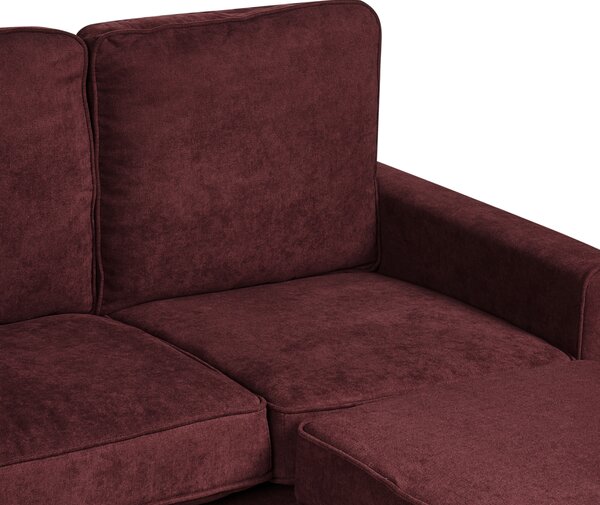 Pohovka bordová látková čalúnená 3 miestna s taburetom mid century modern obývacia izba