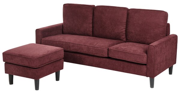 Pohovka bordová látková čalúnená 3 miestna s taburetom mid century modern obývacia izba
