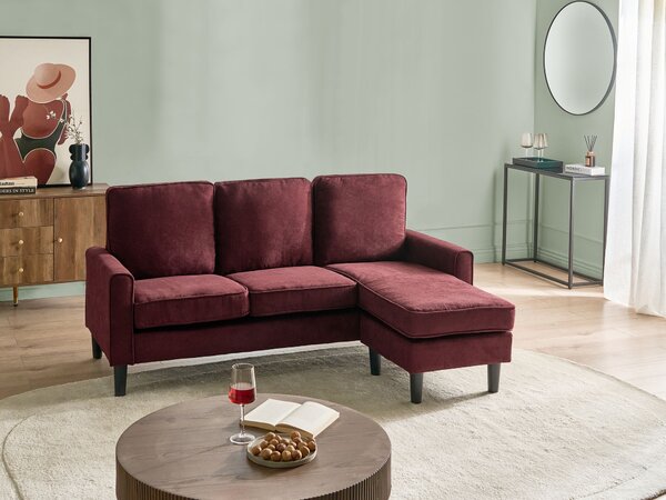 Pohovka bordová látková čalúnená 3 miestna s taburetom mid century modern obývacia izba