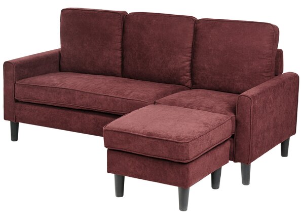 Pohovka bordová látková čalúnená 3 miestna s taburetom mid century modern obývacia izba