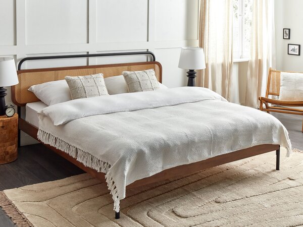 Prikrývka krémová biela 150 x 200 cm ručne tkaná deka pléd na posteľ so strapcami spálňa