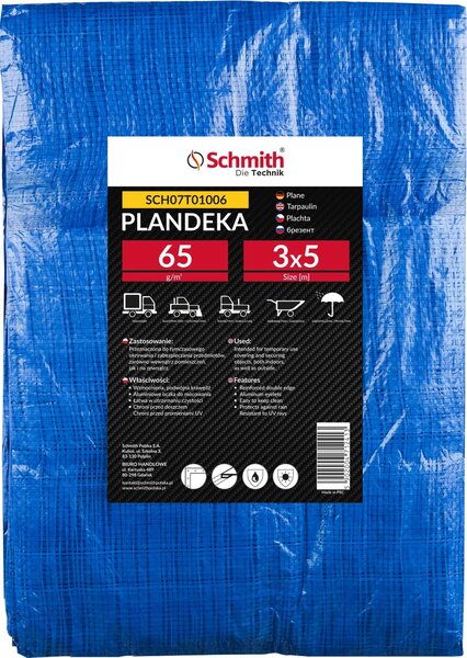 Plachta z tkaniny, 3x5 m, 65 g, vodeodolná, odolná proti trhaniu, stavebná plachta, ochranná plachta, záhradná plachta s okami. Schmith