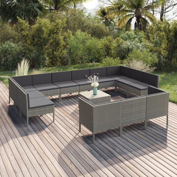 Maison Exclusive – 14-dielna záhradná súprava s vankúšmi, poly ratan, sivá