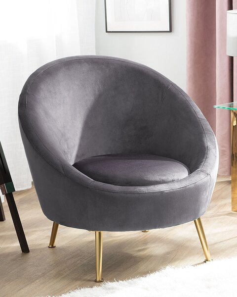 Kreslo sivé zamatové čalúnenie zlaté kovové nohy klubové glamour retro štýl