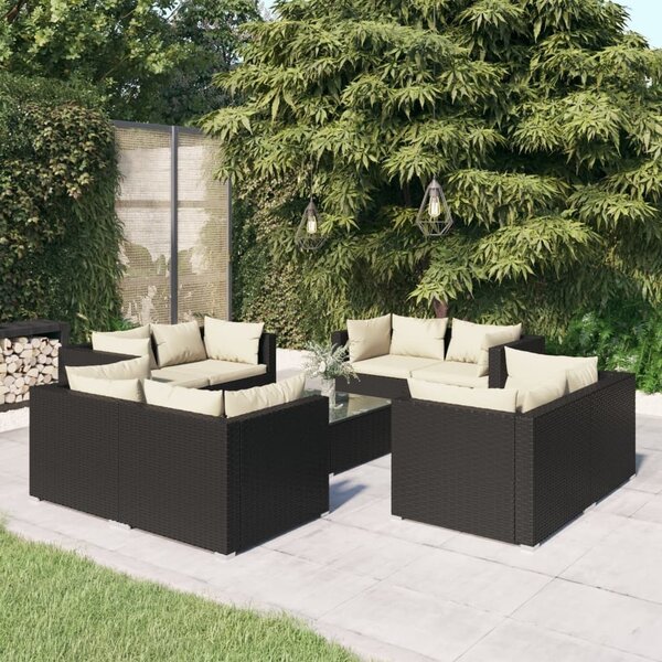 Maison Exclusive – 9-dielna záhradná súprava s vankúšmi z polyrotangu v čiernej farbe