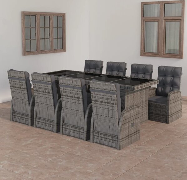 Maison Exclusive – 9-dielna záhradná jedálenská súprava s vankúšmi z polyratanu, sivá
