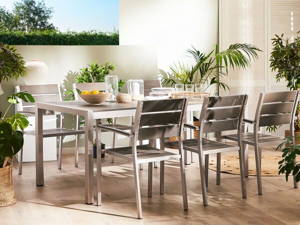 Jedálenský stôl sivý plastové drevo strieborný hliníkový rám pre 6 osôb 180 x 90 cm moderný dizajn