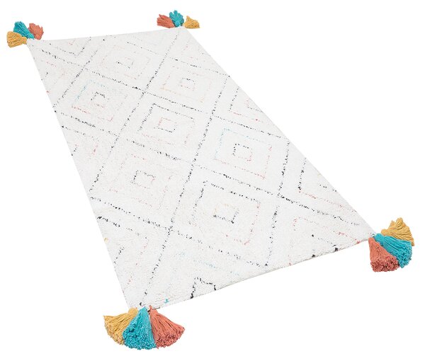 Koberec biely viacfarebný bavlna 80 x 150 cm obdĺžnikový tvar geometrický vzor so strapcami moderný boho štýl obývačka spálňa