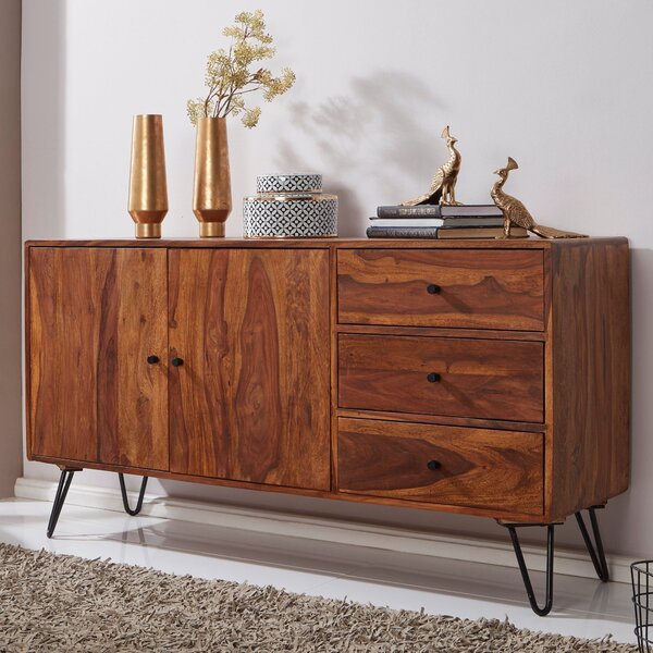 Sideboard WL5.629 Masívne drevo Sheesham 145x75x40 cm Komoda v štýle vidieckeho domu, dizajnová komoda s 3 zásuvkami a 2 dvierkami, vysoká komoda s zásuvkami z dreva, masívna komoda do obývacej izby