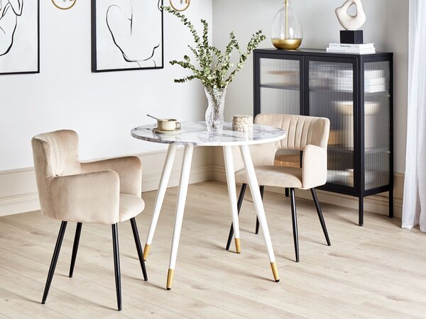 Jedálenský stôl biely mramorový efekt doska z MDF ⌀ 80 cm kovové nohy lesklý povrch okrúhly glamour