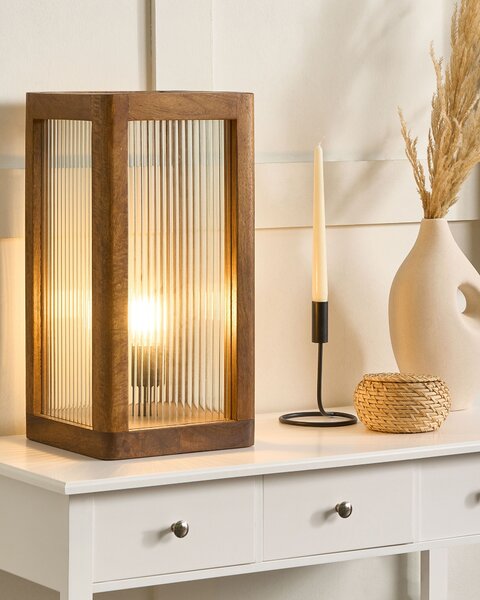Stolná lampa svetlé mangové drevo so sklenenými panelmi industriálny dizajn moderné domáce dekorácie osvetlenie