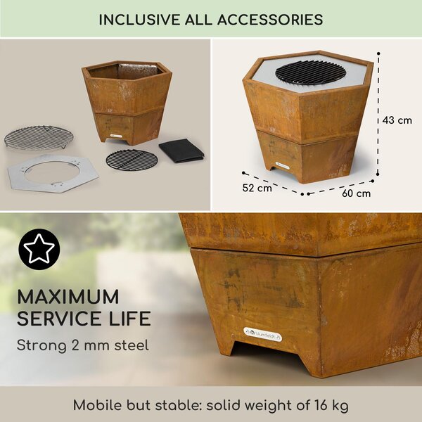 Blumfeldt Ohnisko s grilovacím rotom, vonkajie oceové ohnisko vhodné na balkón a kempovanie, mobilné 60 cm ohnisko, ohnisko so stojanom, ohnisko odolné voi poveternostným vplyvom na záhradu, okrúhle ohnisko
