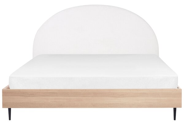 Posteľ biela svetlé drevo polyester 180 x 200 cm čalúnené čelo MDF rám kovové nohy lamelový rošt moderný štýl spálňa