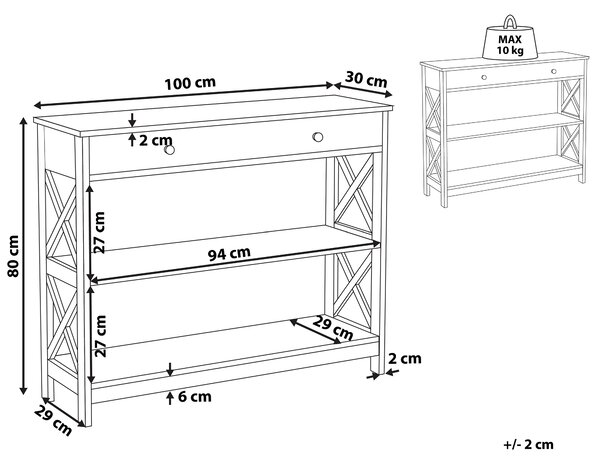 Konzolový stolík biela MDF 80 x 100 x 30 cm 1 zásuvka 2 police úložný priestor moderný rustikálny štýl obývačka predsieň