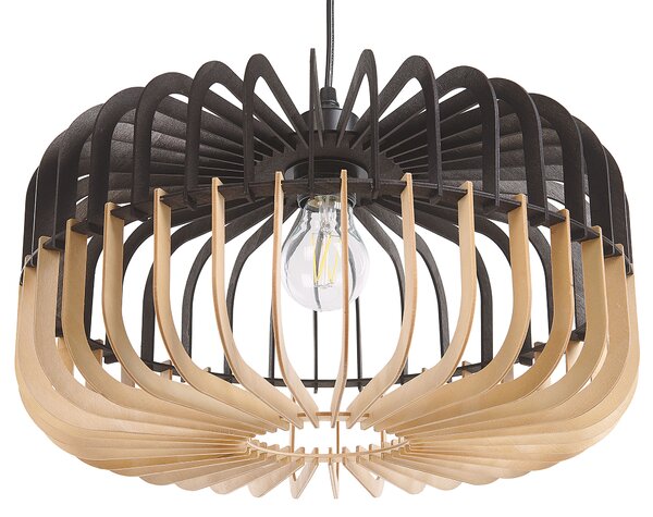 Závesná lampa čierna svetlé drevo preglejka geometrické otvorené tienidlo moderný škandinávsky štýl kuchyňa jedáleň