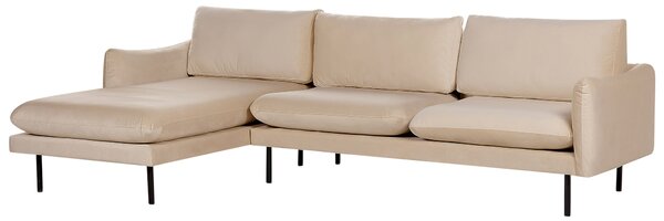 Rohová pohovka béžová zamatová čalúnená 4-miestna moderný retro štýl čierne nohy obývacia izba