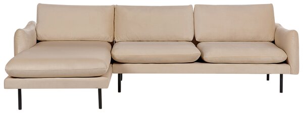 Rohová pohovka béžová zamatová čalúnená 4-miestna moderný retro štýl čierne nohy obývacia izba