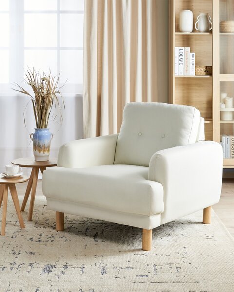 Kreslo krémová biela látkové čalúnenie drevené nohy minimalistický retro štýl obývacia izba