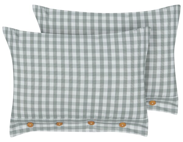Sada 2 dekoratívnych vankúšov zelený a biely kockovaný vzor 40 x 60 cm gombíky moderný bytový doplnok spálňa obývačka
