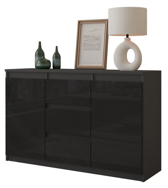 FURNICA - MIKEL - Komoda s 3 zásuvkami a 2 dvierkami - antracitovo sivá / čierny lesk V75cm Š120cm H35cm