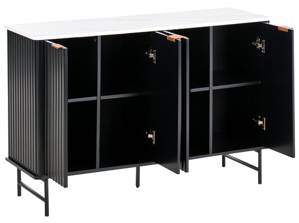 Komoda so 4 dvierkami čierna MDF mramorový efekt minimalistický dizajn moderný úložný nábytok obývacia izba spálňa