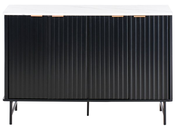 Komoda so 4 dvierkami čierna MDF mramorový efekt minimalistický dizajn moderný úložný nábytok obývacia izba spálňa