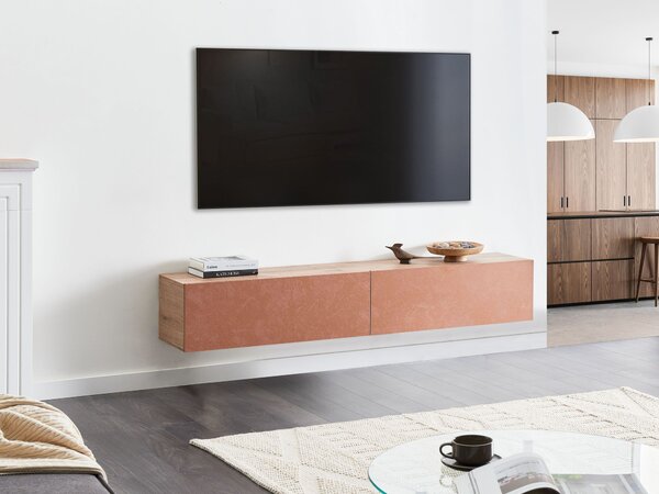Závesná skrinka pod TV červená a hnedá 180 cm tv stolík na stenu minimalistický dizajn obývacia izba