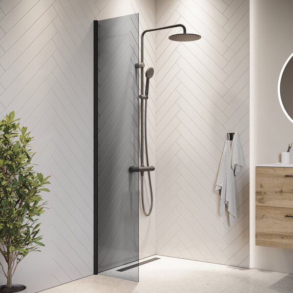 Badplaats Sprchová Zástena Rizani 40 x 200 cm – ierna – Dymové Sklo Walk-In Sprchový Kút 8 mm Bezpenostné Sklo