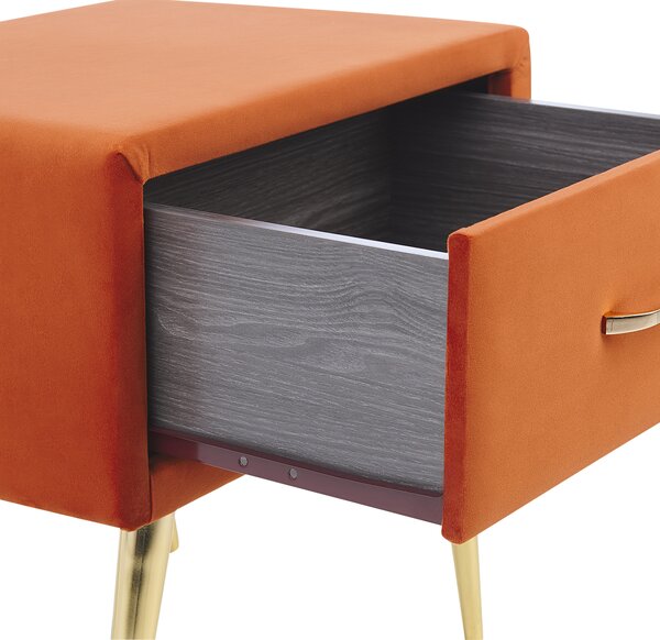 Nočný stolík oranžový zamatový čalúnený 1 zásuvka minimalistický dizajn nábytok do spálne