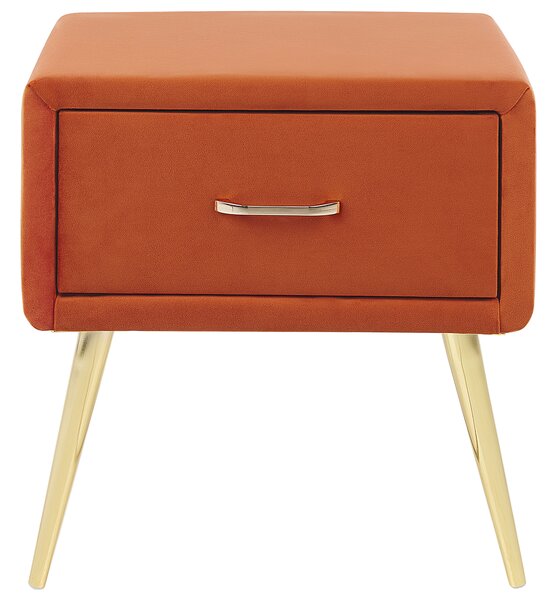 Nočný stolík oranžový zamatový čalúnený 1 zásuvka minimalistický dizajn nábytok do spálne