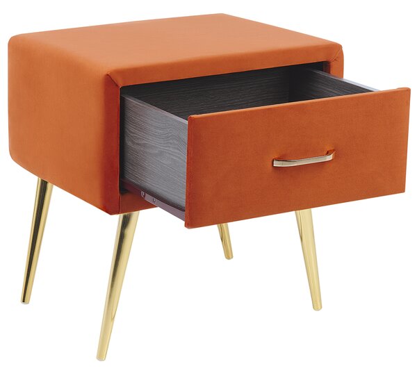 Nočný stolík oranžový zamatový čalúnený 1 zásuvka minimalistický dizajn nábytok do spálne