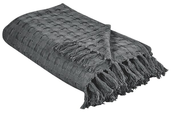 Prikrývka na posteľ tmavosivá bavlnená 150 x 200 cm deka so strapcami klasický dizajn spálňa
