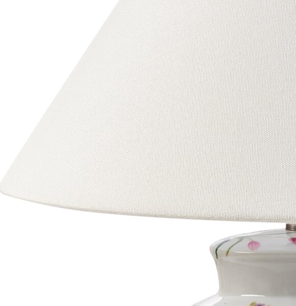 Stolná lampa biela porcelánový podstavec ľanové tienidlo kvetinový vzor osvetlenie obývacia izba spálňa