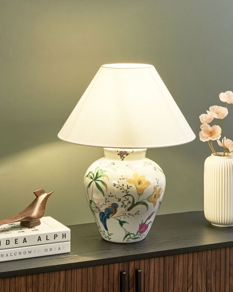 Stolná lampa biela porcelánový podstavec ľanové tienidlo kvetinový vzor osvetlenie obývacia izba spálňa