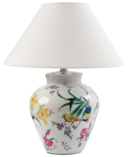 Stolná lampa biela porcelánový podstavec ľanové tienidlo kvetinový vzor osvetlenie obývacia izba spálňa
