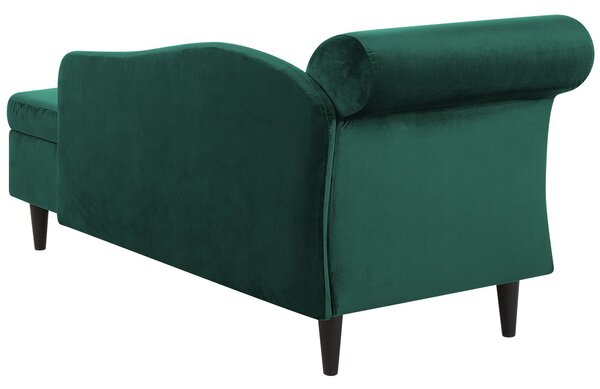 Leňoška zelené zamatové čalúnenie ľavostranná s úložným priestorom a vankúšom obývacia izba