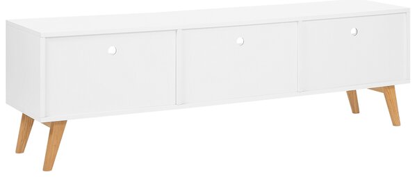 TV stolík biela svetlé drevo MDF 55 x 180 x 40 cm nohy z dubového dreva úložný priestor 3 zásuvky 3 otvorené police moderný štýl obývačka