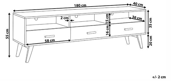 TV stolík biela svetlé drevo MDF 55 x 180 x 40 cm nohy z dubového dreva úložný priestor 3 zásuvky 3 otvorené police moderný štýl obývačka